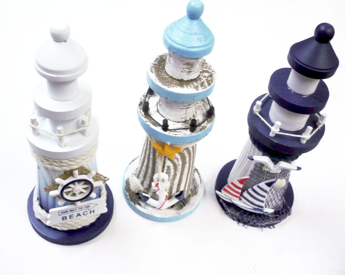 Blue and white wooden lighthouse (H20cm) - 3asstd.