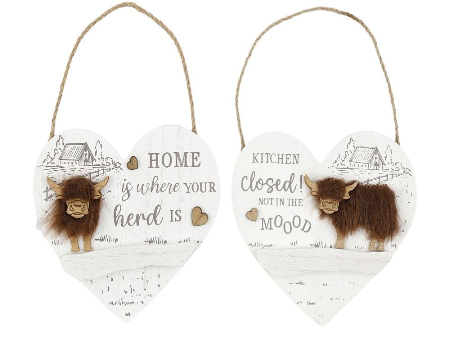 16cm highland cow heart plaque - 2asstd.