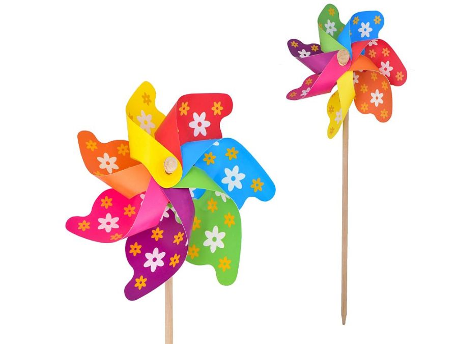 Flower print wood stick windmill H18"*