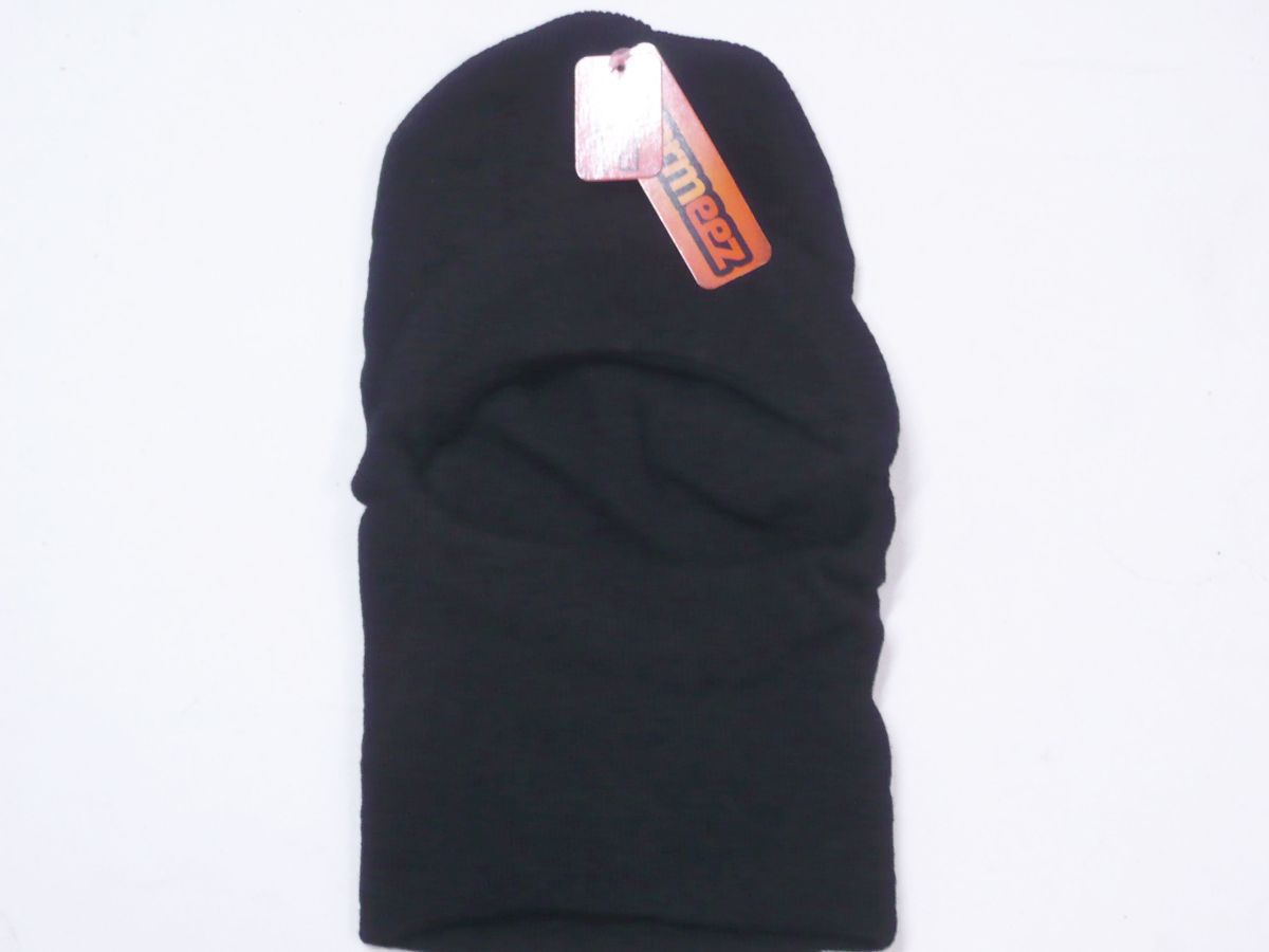 Black balaclava with peak.