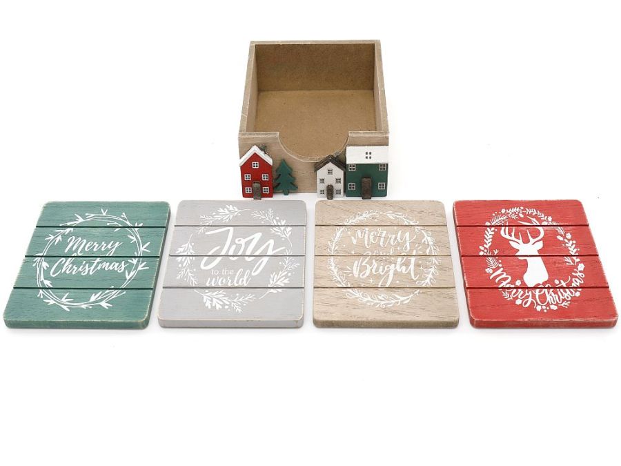 Set 4, Christmas houses wooden coasters.